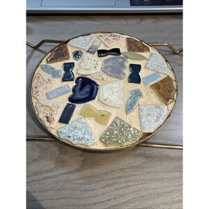 VTG MCM Ceramic Mosaic Tile Trivet Hot Plate Round Brass Wire Frame Handles Feet